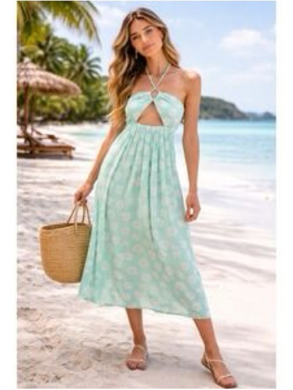 O'Neil Mint Floral Cutout Midi Dress